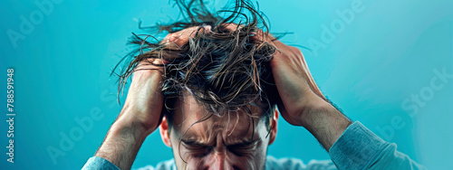 a madman tears out the hair on his head. selective focus. photo