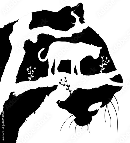 White  silhouette of leopard surrounded by trees, inserted in black profile silhouette of leopard head grinding teeth.