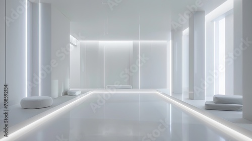 a clean white room illuminated by white neon lights, where every detail is captured in hyper-realistic clarity.