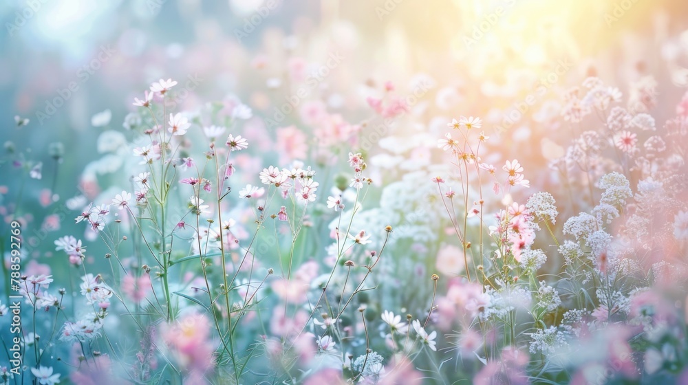 Beautiful field of white and pink flowers with the sun shining in the background. Perfect for spring and nature concepts