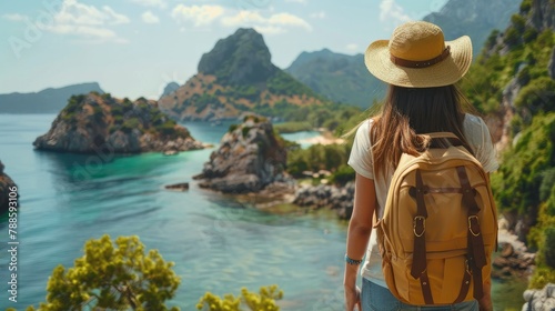 a young woman sporting a backpack and straw hat, gazing at the scenic sea and mountains in the distance, capturing the essence of outdoor travel.