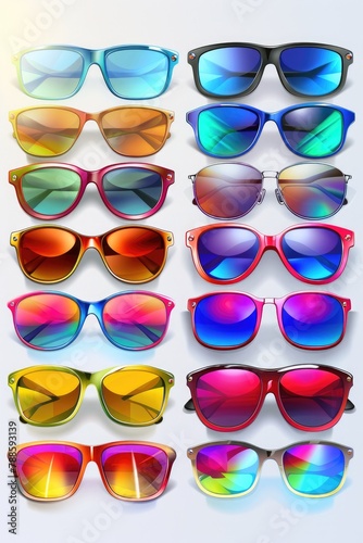 Stylish set of various colored sunglasses, perfect for summer fashion concepts