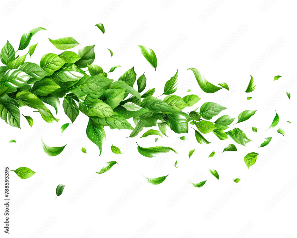 Green leaves fly and fall on a white background Tropical leaves for border elements Fresh natural leaves in the form of waves and swirls cartoon 2D  illustration on white background Looks minimalist