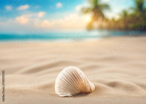Banner abstract sand beach with shell. blurred of tropical beach with palm tree calm sea and sky. summer vacation background concept 