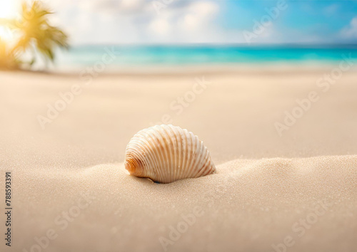 Banner abstract sand beach with shell. blurred of tropical beach with palm tree calm sea and sky. summer vacation background concept 