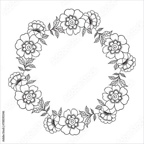 Floral wreath isolated on white background. Round frame with flowers. Vector hand-drawn illustration in doodle style. Perfect for cards, invitations, decorations, logo, various designs.