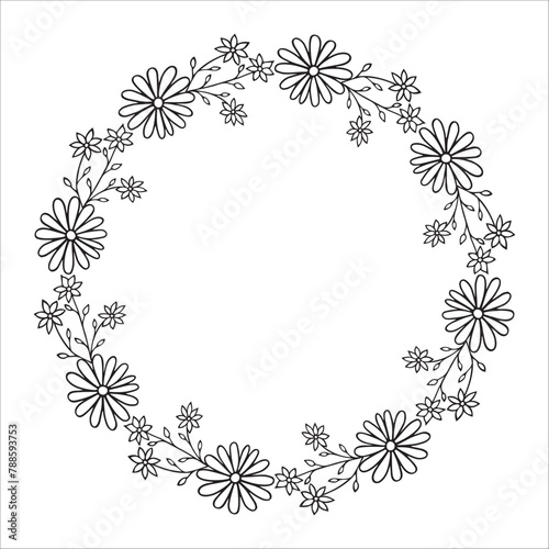 Floral wreath isolated on white background. Round frame with flowers. Vector hand-drawn illustration in doodle style. Perfect for cards, invitations, decorations, logo, various designs.