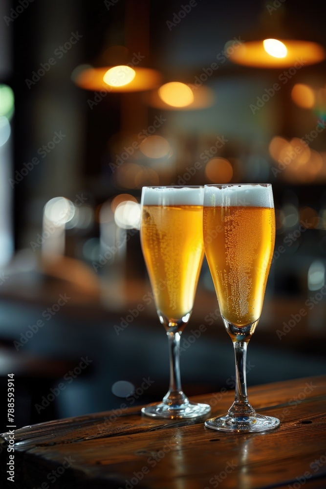 Two glasses of beer on a rustic wooden table. Perfect for bar or restaurant designs Two glasses of beer on a rustic wooden table. Perfect for bar or restaurant designs