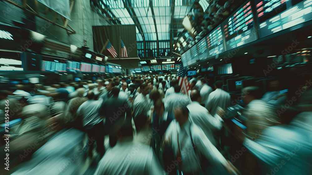 cinematic photography of people moving on a super busy stock exchange