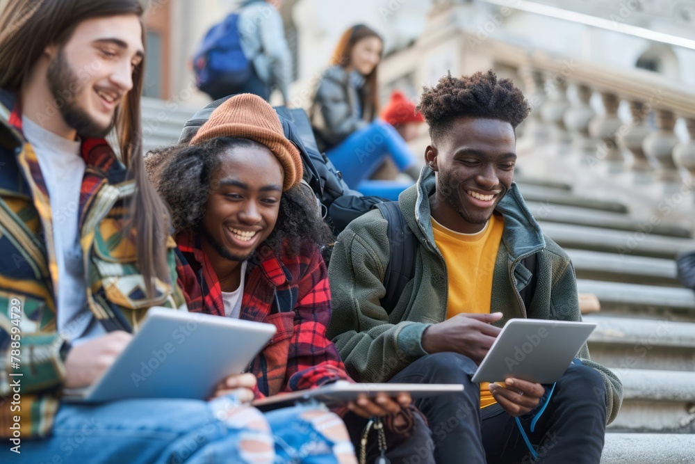 Group Of Students With Digital Tablet And Laptop Study Together Outdoors, Happy Multiethnic Young Friends Sitting On Stairs Near University Building, Using Modern Gadgets For Education