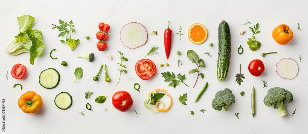 Fresh vegetables arranged in a flat lay on a white background create a colorful food pattern in an overhead shot with space for text, serving as a design template. Fresh vegetables arranged in a flat lay on a white background create a colorful food pattern in an overhead shot with space for text, serving as a design template.