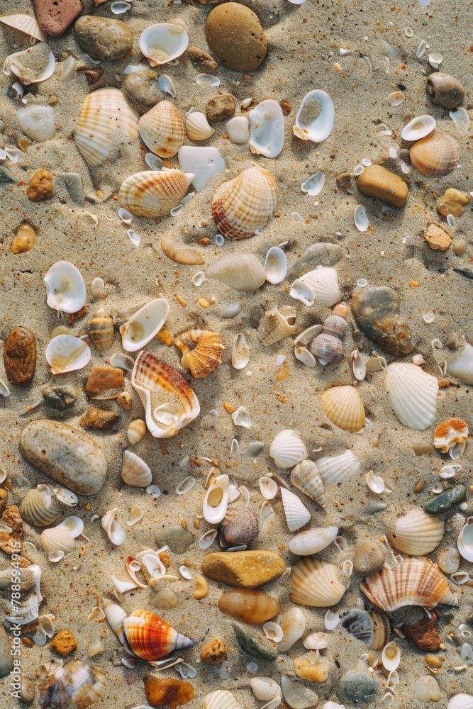 A collection of shells scattered on a sandy beach. Suitable for beach vacation or nature-themed designs