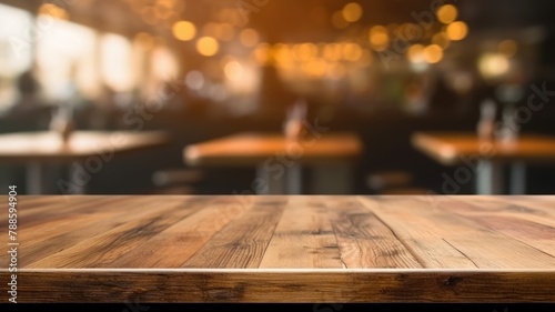 The empty wooden table top with blur background of cafe. Exuberant image. generative ai