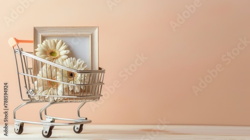 An empty photo frame adorned with a tasteful arrangement of gerbera daisies sits elegantly in a shopping cart Perfect for event invitations wedding inspiration and innovative store marketin photo