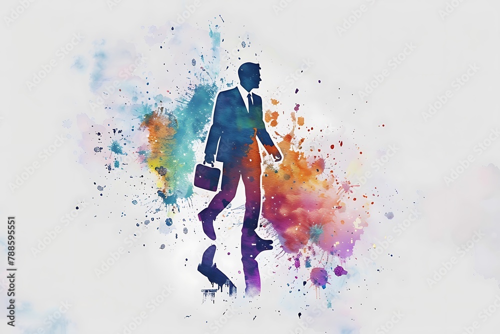 A man in a suit with a briefcase walking, watercolor splashes on a white background