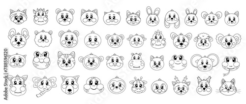 Very big outline set, collection of cute coloring head, face animals on white isolated background. Kids, baby doodle graphic line design. Kawaii cutie zoo, wild animals vector illustration  © Olga Voron