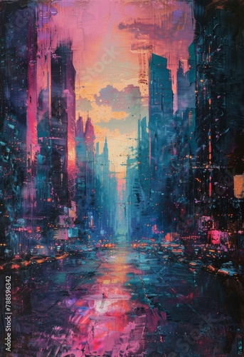 A Renaissance-style oil painting of a futuristic city in turmoil, bathed in sky blue, rose, fuchsia, and yellow tones, capturing a dystopian vision of impending darkness.