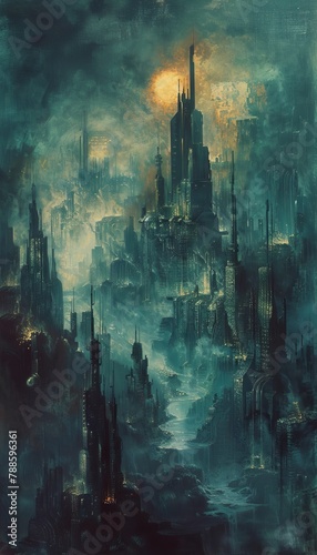 A haunting oil painting of a futuristic city in ruins, enveloped in darkness and dystopia. Shades of blue, mustard, mauve, and green create a Renaissance-inspired depiction of tomorrow's