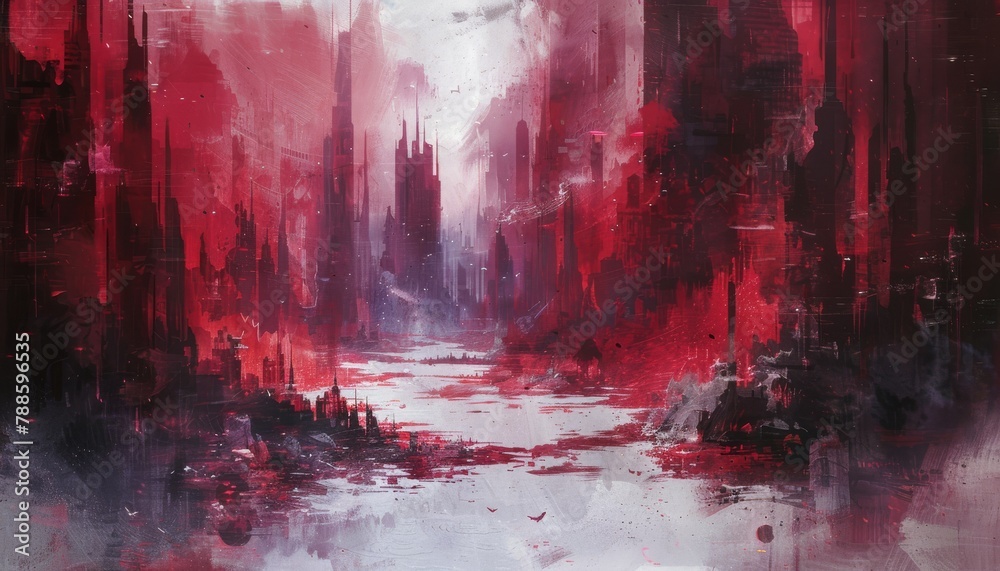 A dystopian city with cherry red and off-white hues, symbolizing survival and despair in a dark world. Witness rebirth or end in this vivid, somber realm.