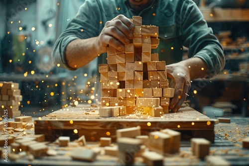 Businessman building a tower of wooden cubes. Business development concept. A person building a ower of blocks.
