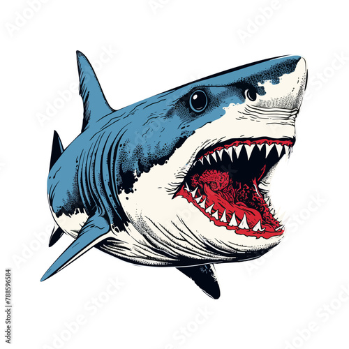 A detailed drawing of a shark with its mouth wide open  showing its sharp teeth.
