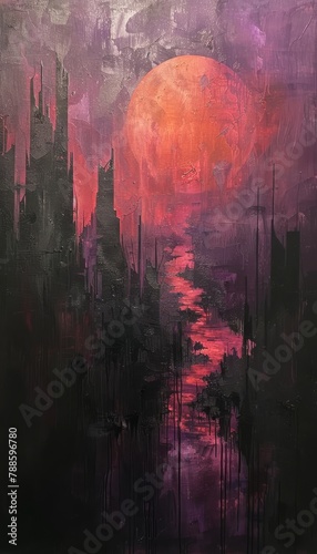 An oil painting of a dystopian city in darkness, with lilac, gray, and orange hues. Beauty amidst chaos, like a Renaissance masterpiece.