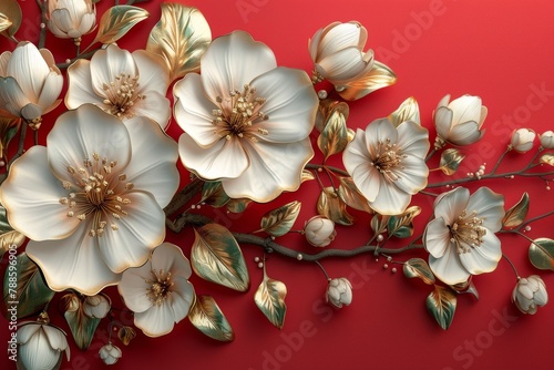 Flowers composition. White flowers on red background. Flat lay  top view  copy space