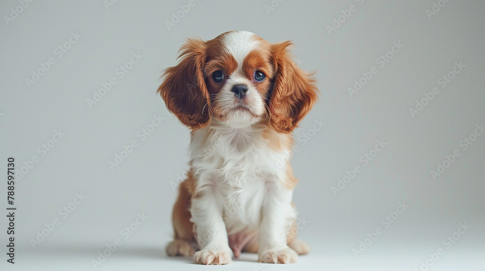 Portrait of a Cavalier breed puppy. Postcard. Pet food advertising concept.
