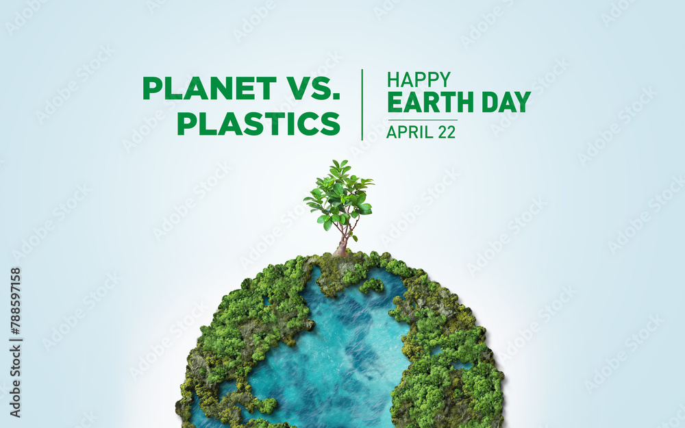 Obraz premium Planet vs. Plastics , Earth day 2024 concept 3d tree background. Ecology concept. Design with globe map drawing and leaves isolated on white background. 