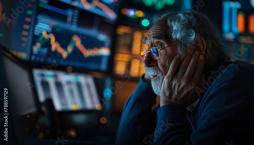 Senior man panicking, watching crashing stocks in a bear market. The stocks are plunging due to a slumping market, leading to a bearish financial crisis. The scene depicts recession, selective focus, 