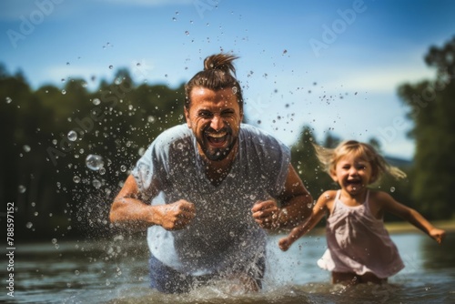 Happy family at the lake having fun and splashing water in summer
