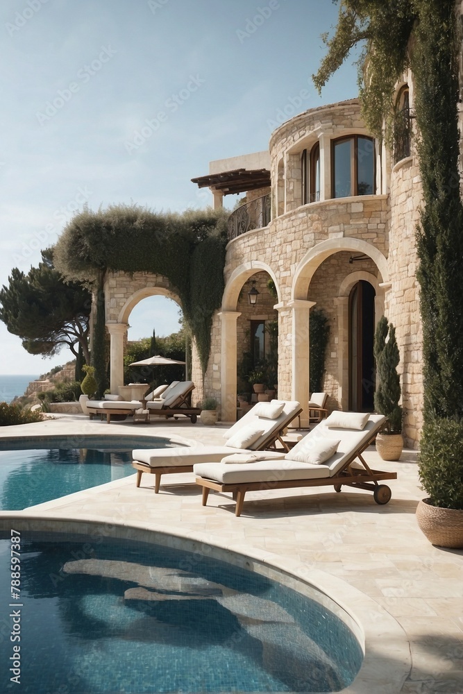 Obraz premium Seafront Cottage with Mediterranean Architecture