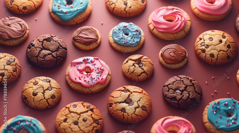 Produce a vector illustration of a birds-eye view perspective displaying mouthwatering cookies in levitation, using bold colors and detailed textures to highlight the delightful sweetness of the treat