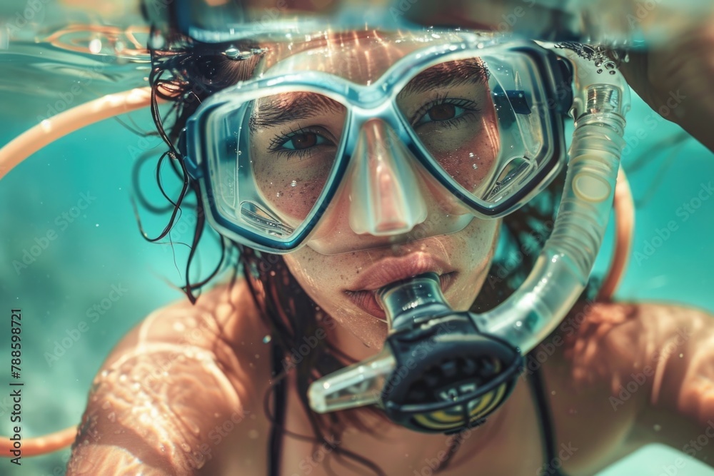 A woman wearing goggles and a snorkel in the water. Suitable for travel and vacation concepts A woman wearing goggles and a snorkel in the water. Suitable for travel and vacation concepts