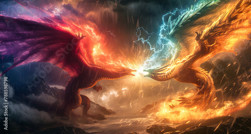 3d illustration Dragon War, epic battle between fire dragon and lightning dragon. concept art, 3D rendering