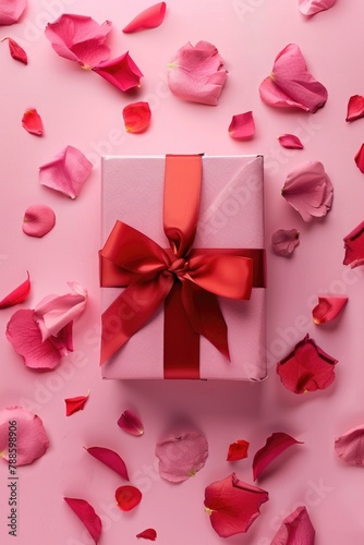 A white gift box with a red ribbon and scattered rose petals, perfect for romantic occasions © Fotograf