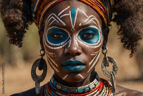 Beautiful African Tribe Woman with Face Paint, Traditional Attire and Ornaments