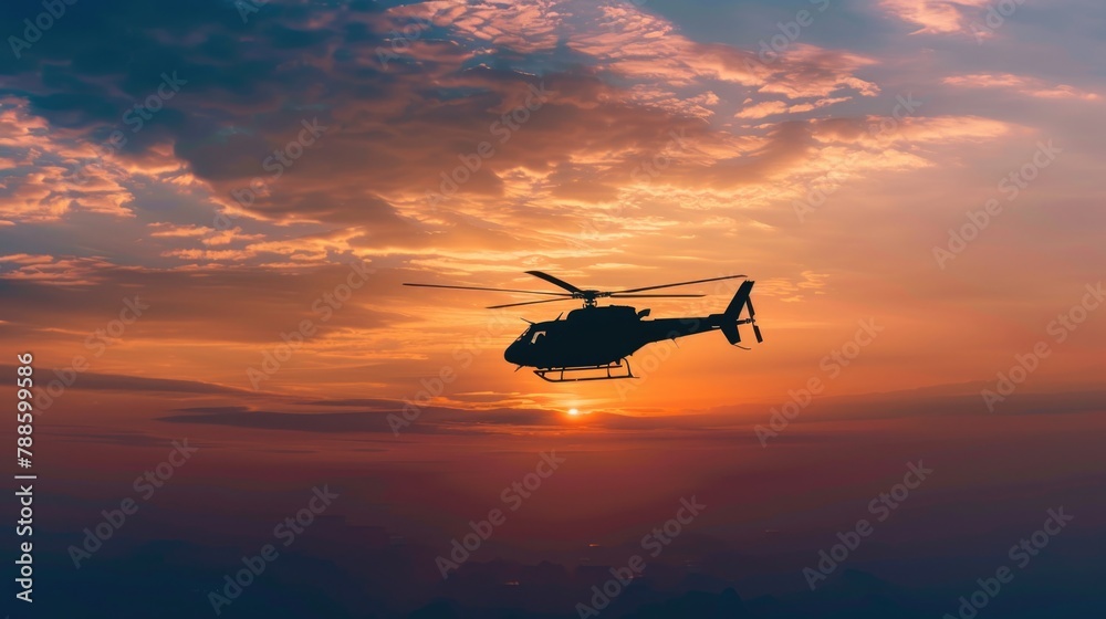 A helicopter flying in the sky at sunset. Suitable for travel or transportation concepts A helicopter flying in the sky at sunset. Suitable for travel or transportation concepts