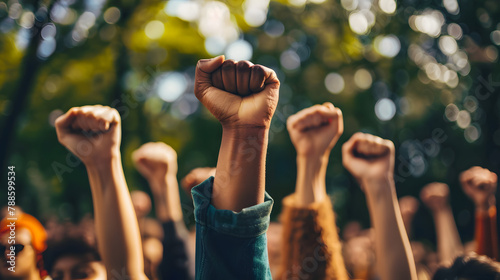 A group of people with their fists raised in the air generative ai