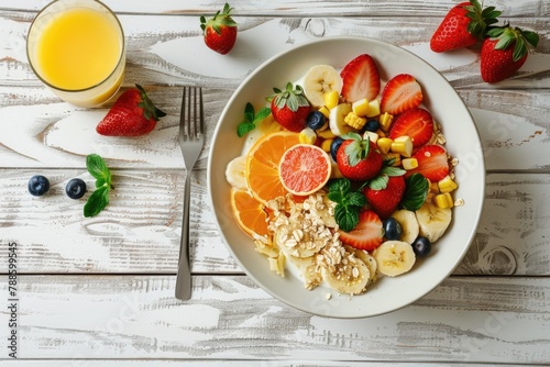 A white plate topped with fruit next to a glass of orange juice. Perfect for healthy eating concepts