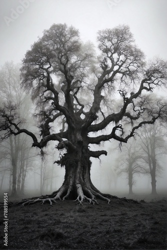 Black and White Photo of a Tree in a Misty Forest