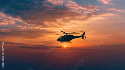 A helicopter flying in the sky at sunset. Suitable for travel or transportation concepts