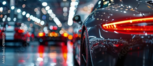 Close-up of a luxury sports car's rear, highlighting the sleek red tail lights and carbon fiber texture, against a bokeh light backdrop in a showroom.