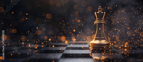 A golden queen chess piece stands prominently on a chessboard with a bokeh light background