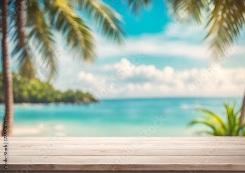 Background Abstract seascape with palm tree  tropical beach background. blur bokeh light of calm sea and sky summer vacation  concept 