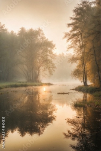 Large Body of Water Surrounded by Trees  Light Orange Haze