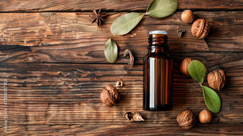 walnut essential oil in a bottle. selective focus. photo