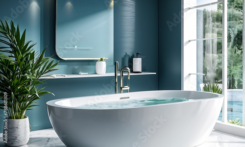 Immerse in tranquility  Luxurious bathroom with light blue walls  spacious shower area. A sleek table holds a lush green plant  bathed in soft light