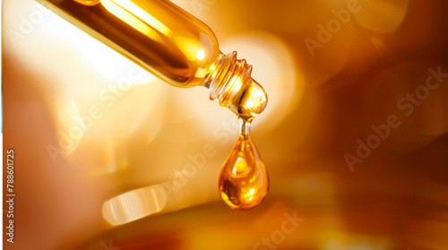 Dropping serum into a glass container, showcasing the golden liquid's purity and skincare luxury. Cosmetic spa treatments and skin care products. Alloe cure. Banner. Copy space