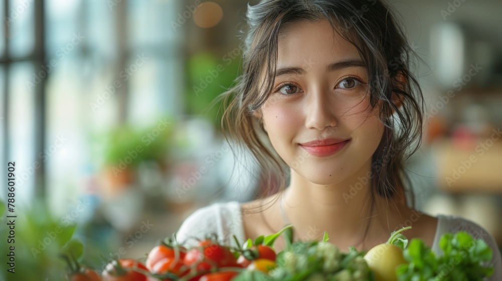 An Asian young woman, holding a vegetable and fruit platter, smiling, with a clean background. Wellbeing. Raw fresh produce. Health. An Asian young woman, holding a vegetable and fruit platter, smiling, with a clean background. Wellbeing. Raw fresh produce. Health.